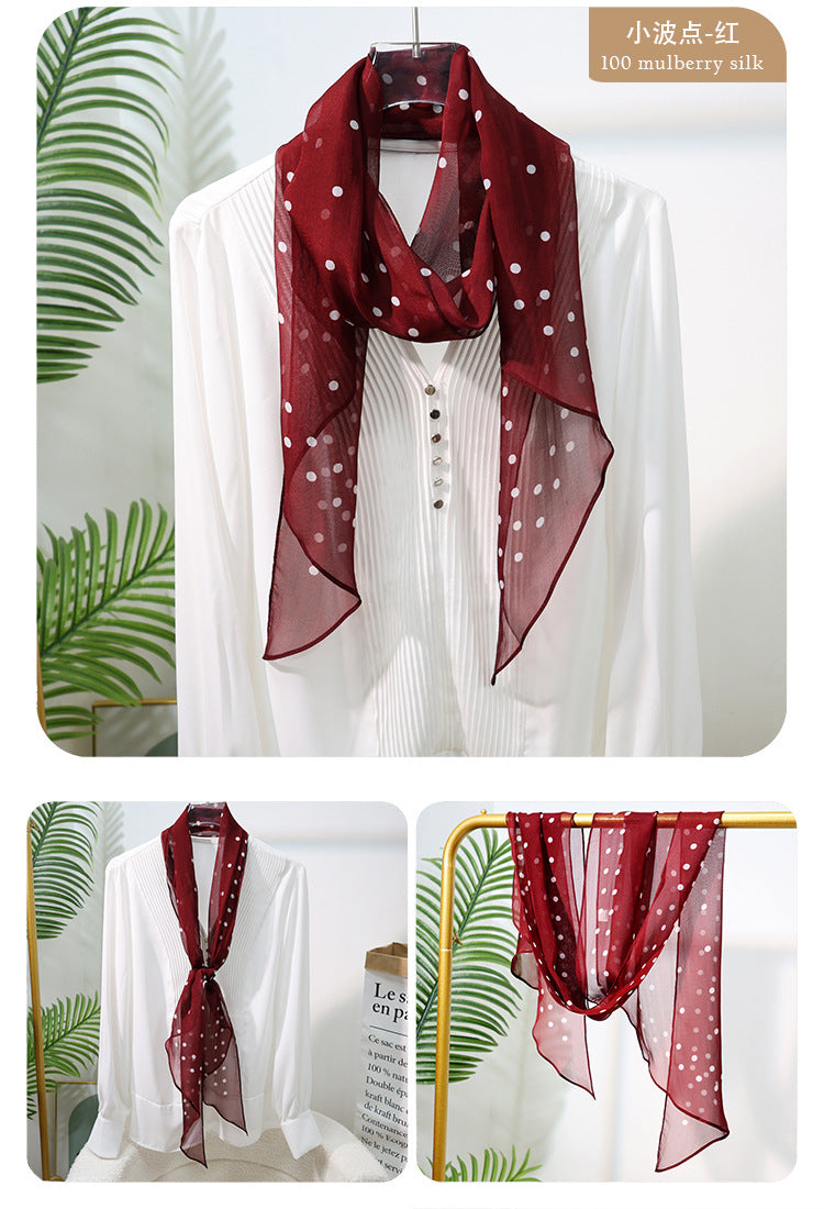 Long Oblique Silk Scarf with Polka Dot Print – 100% Mulberry Silk Lightweight Stole for Neck, Head & Hair, 33 x 160 cm