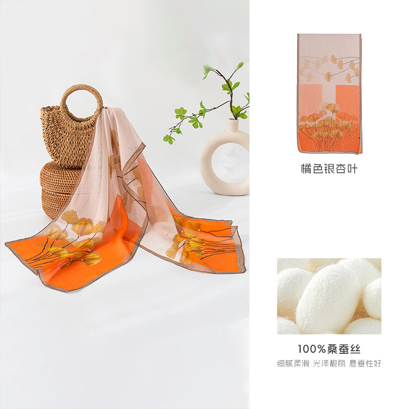 Floral Print Silk Scarf – Lightweight Mulberry Silk Wrap with Botanical Motifs for All Seasons