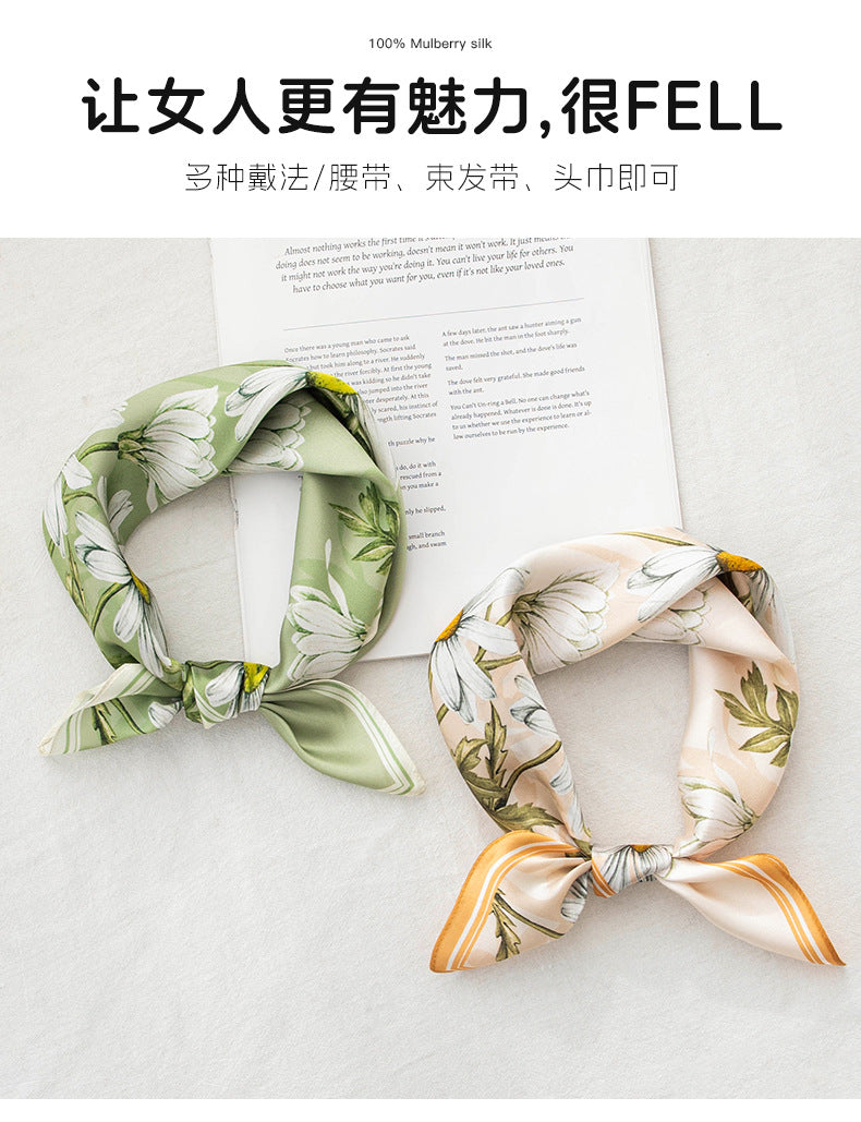 Mulberry Silk Square Scarf 53 cm Floral Print Bandana – Lightweight Neckerchief for Spring