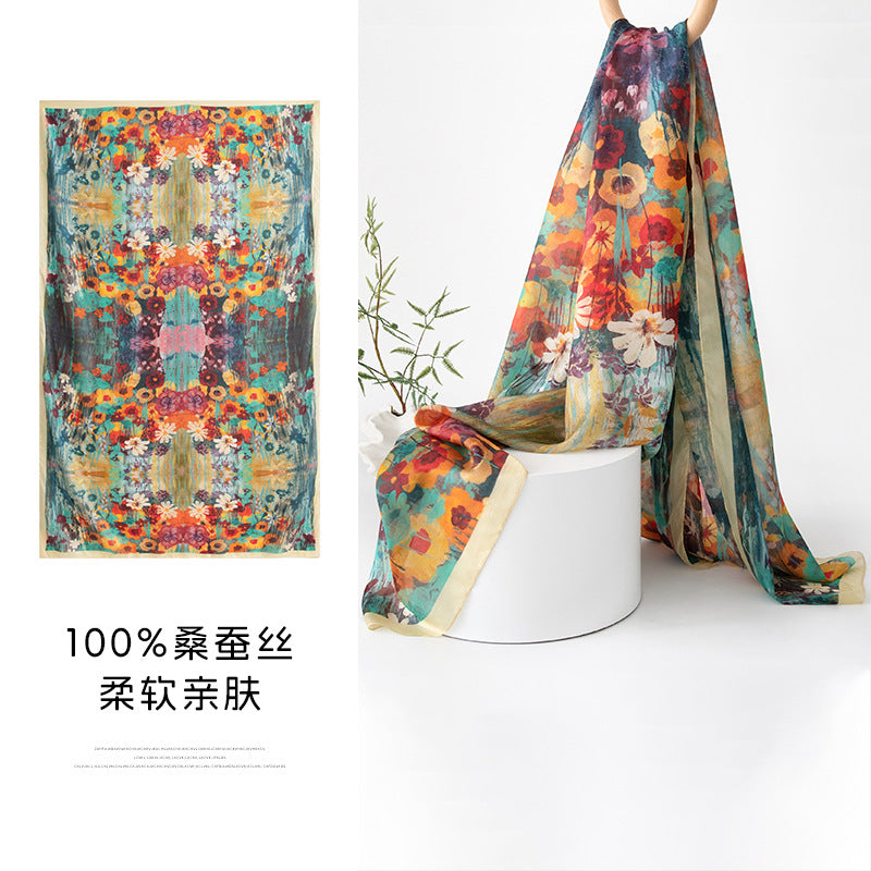 Mulberry Silk Long Scarf with Bohemian Floral Print – Lightweight Spring Shawl for Women