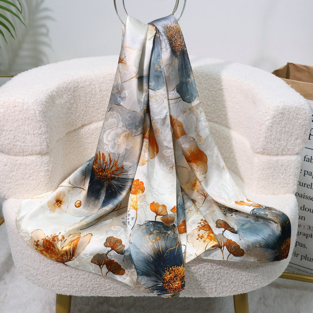 100% Mulberry Silk Floral Jacquard Long Scarf with Chinese-Inspired Botanical Prints, 53 x 170 cm (21 x 67 in) Lightweight Spring Shawl