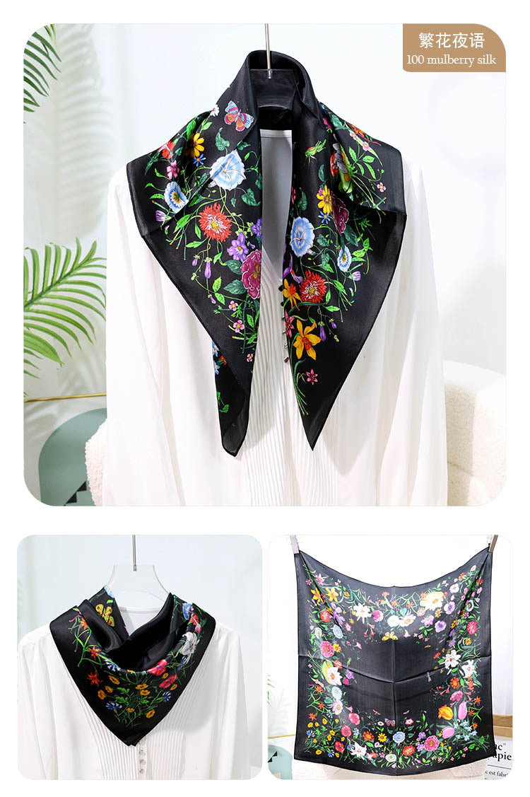 Mulberry Silk Square Scarf – 100% Pure Silk Bandana with Vintage French Print, Spring Accessory for Women