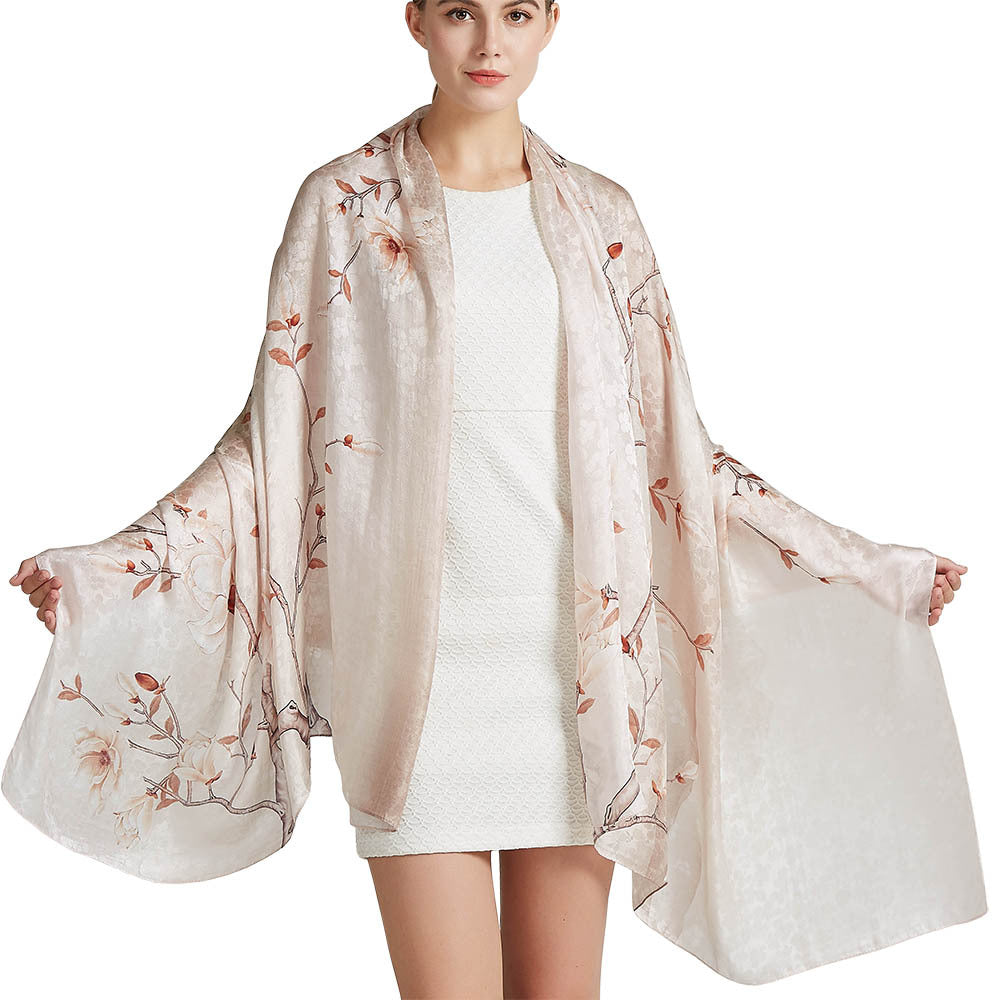 Mulberry Silk Long Scarf with Tone-on-Tone Jacquard Weave – Bohemian & Vintage Floral Print, 43 x 75 in