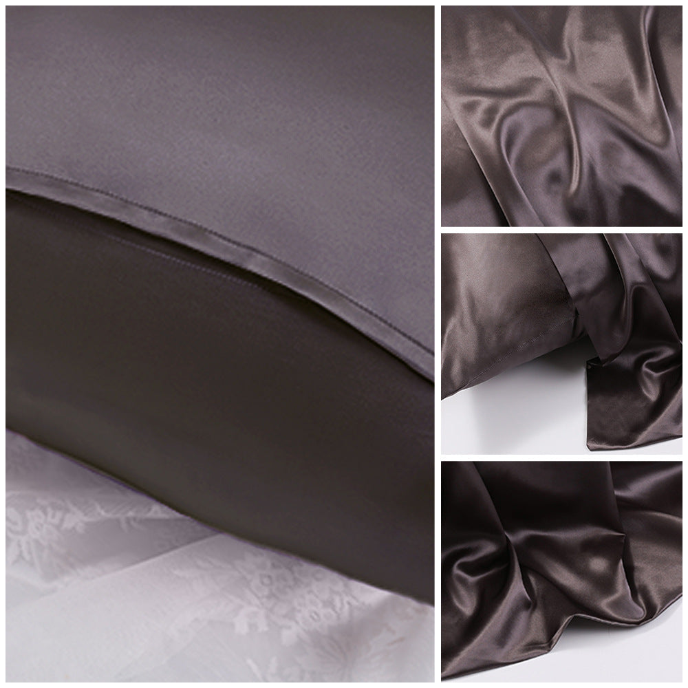 Close-up of envelope flap and stitched edge on silk pillowcase