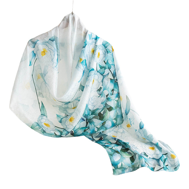 Mulberry Silk Long Scarf – Lightweight Floral Print Shawl for Spring & Summer, Original Design, 55 x 170 cm