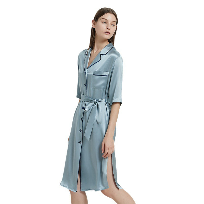 19 Momme Mulberry Silk Nightgown with Belted Waist, Retro Elegant Qipao-Inspired Sleepwear with High Side Slit