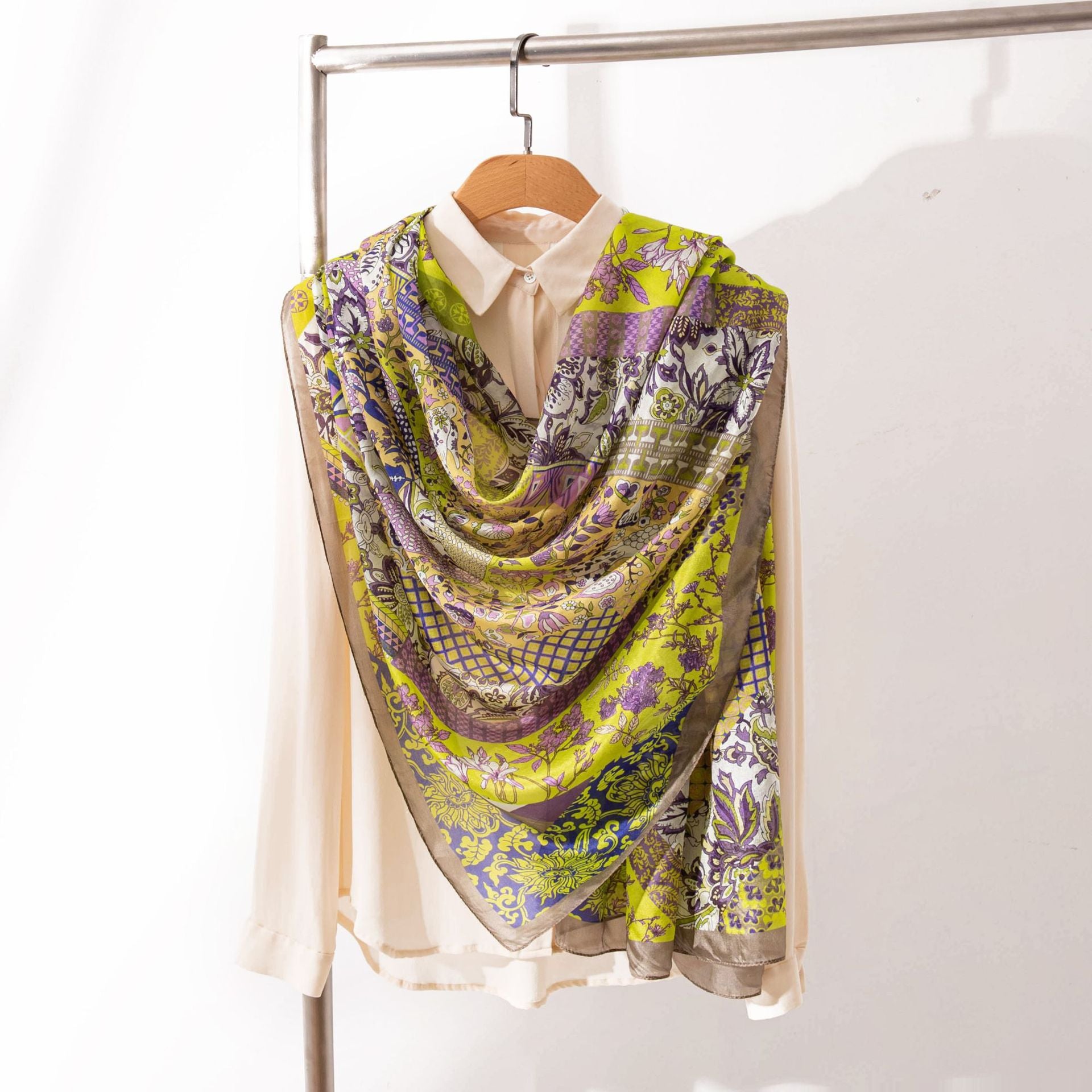 Mulberry Silk Long Scarf with Printed Patterns – Lightweight, Breathable Vintage Shawl for Spring, 69 x 43 in