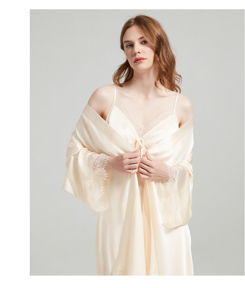 Women's 19 Momme 100% Mulberry Silk Lace-Trim Camisole & Robe Sleepwear Set