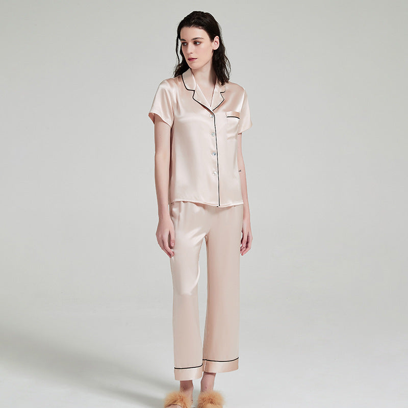 100% Mulberry Silk Pajama Set for Women – 19 Momme Short Sleeve Top with Shorts or Long Pants, Notched Collar Loungewear