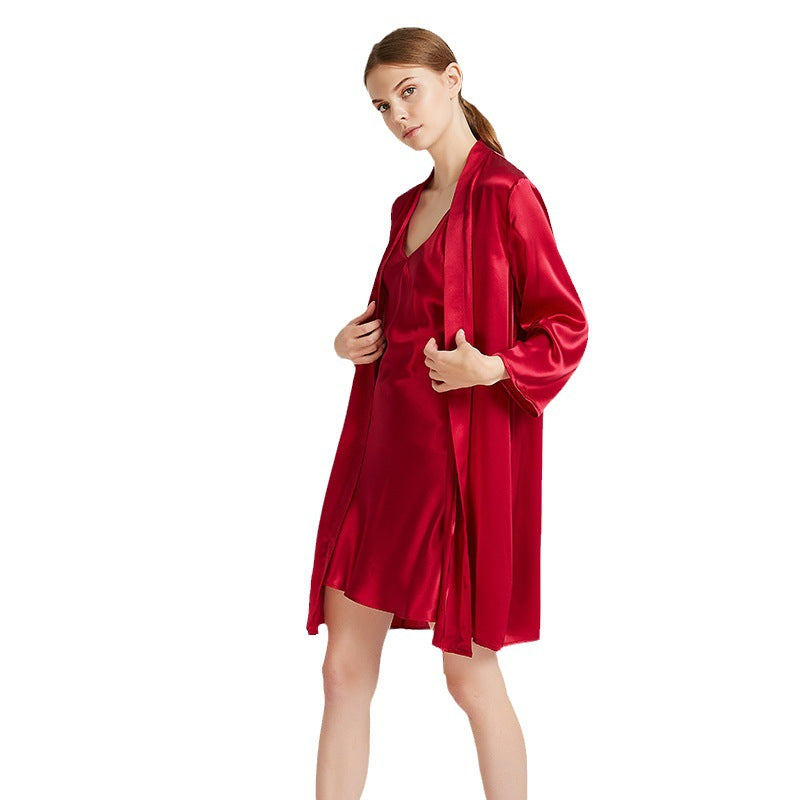 Embroidered Butterfly Silk Camisole & Robe Two-Piece Set – 100% Mulberry Silk Sleepwear with 3/4 Sleeves