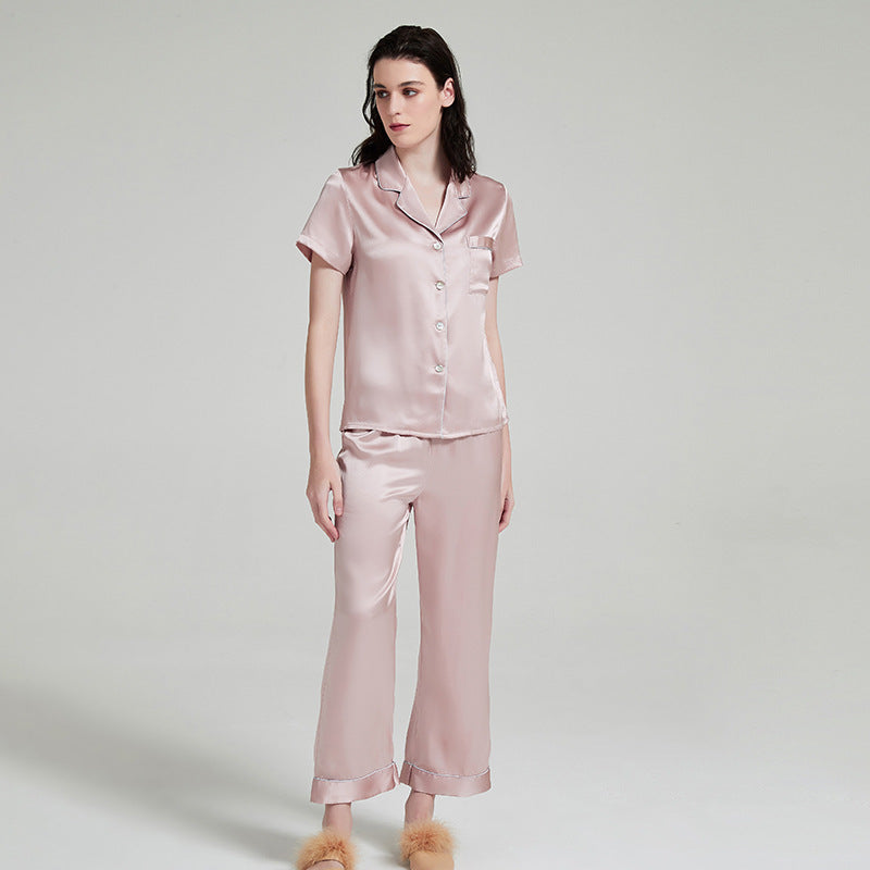 100% Mulberry Silk Pajama Set for Women – 19 Momme Short Sleeve Top with Shorts or Long Pants, Notched Collar Loungewear