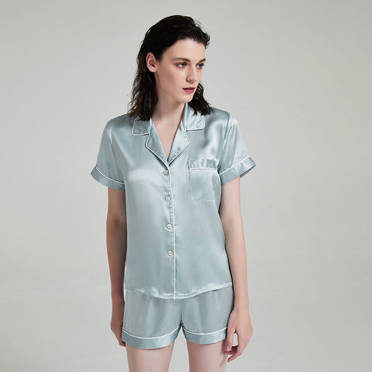 19 Momme 100% Mulberry Silk Short Sleeve Pajama Set – Notched Collar Loungewear with Shorts