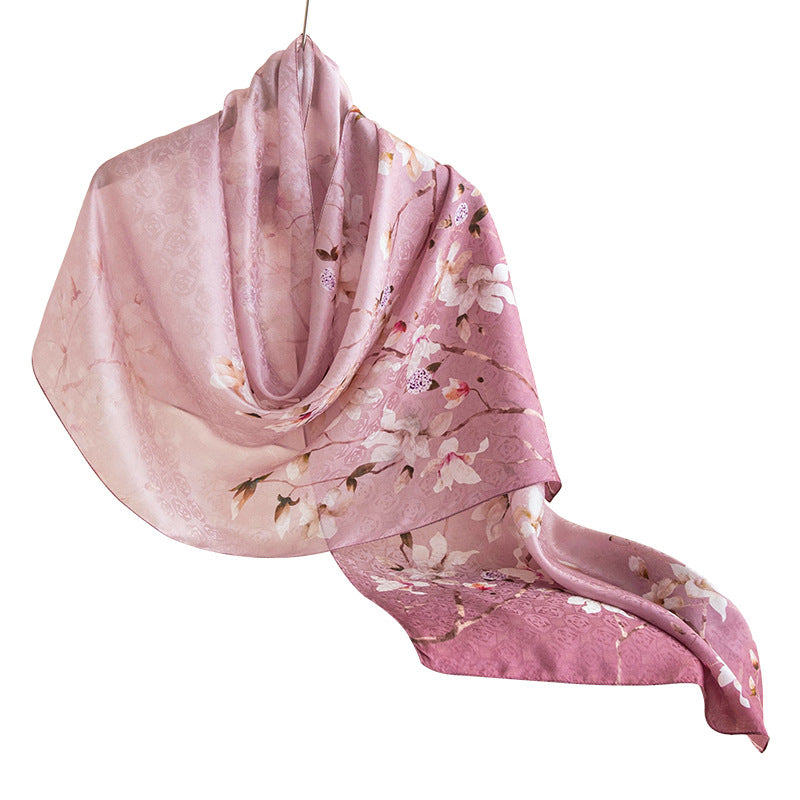 Mulberry Silk Long Scarf – Lightweight Floral Print Shawl for Spring & Summer, Original Design, 55 x 170 cm