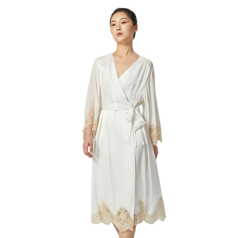 Pearl white silk robe with lace trim front view on model