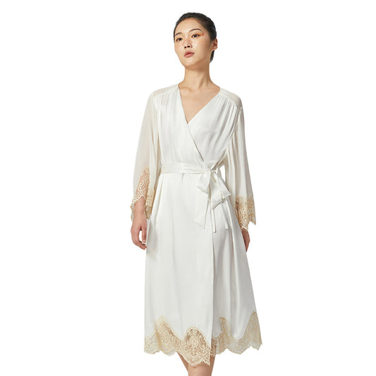 Pearl white silk robe with lace trim front view on model