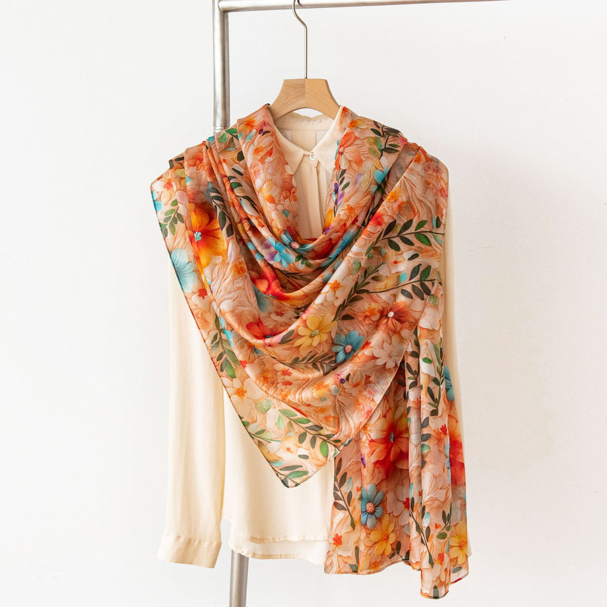 Mulberry Silk Long Scarf with Printed Patterns – Lightweight, Breathable Vintage Shawl for Spring, 69 x 43 in