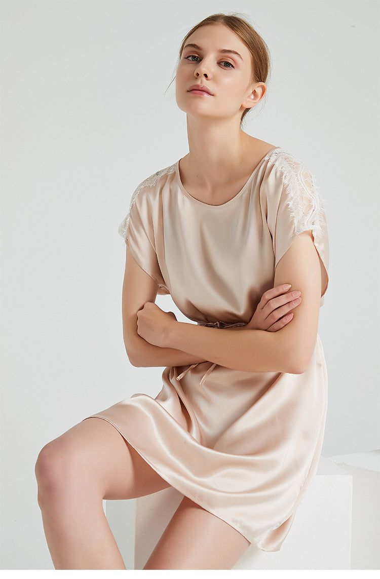 19 Momme 100% Mulberry Silk Nightgown with Lace Trim, Short Sleeve Round Neck Sleepwear for Women