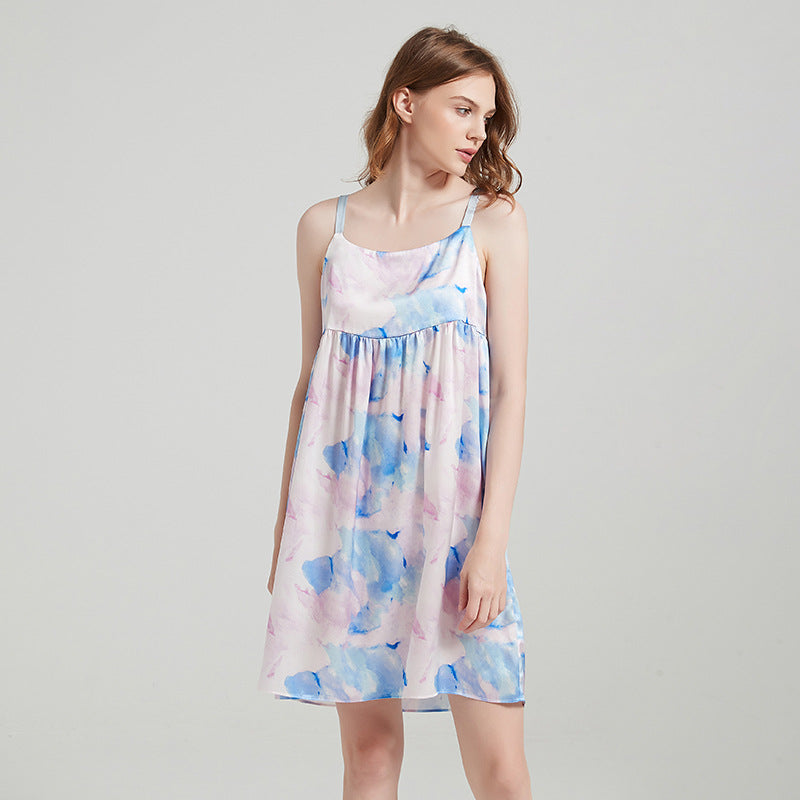 Model wearing silk cami dress, showing relaxed fit and drape