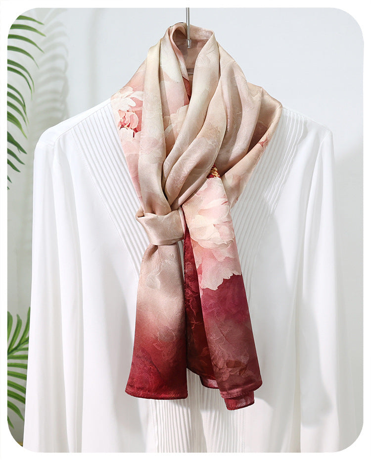 100% Mulberry Silk Floral Jacquard Long Scarf with Chinese-Inspired Botanical Prints, 53 x 170 cm (21 x 67 in) Lightweight Spring Shawl
