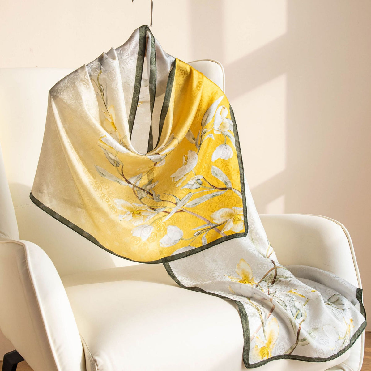 Mulberry Silk Long Scarf – Lightweight Floral Print Shawl for Spring & Summer, Original Design, 55 x 170 cm