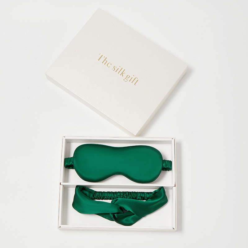 Dark Green Sleep Mask and Headband Set (19 Momme Double-Sided Silk) Variant
