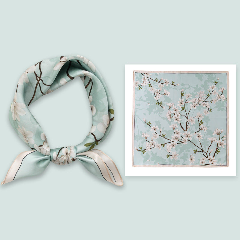 Mulberry Silk Square Scarf 53 cm Floral Print Bandana – Lightweight Neckerchief for Spring
