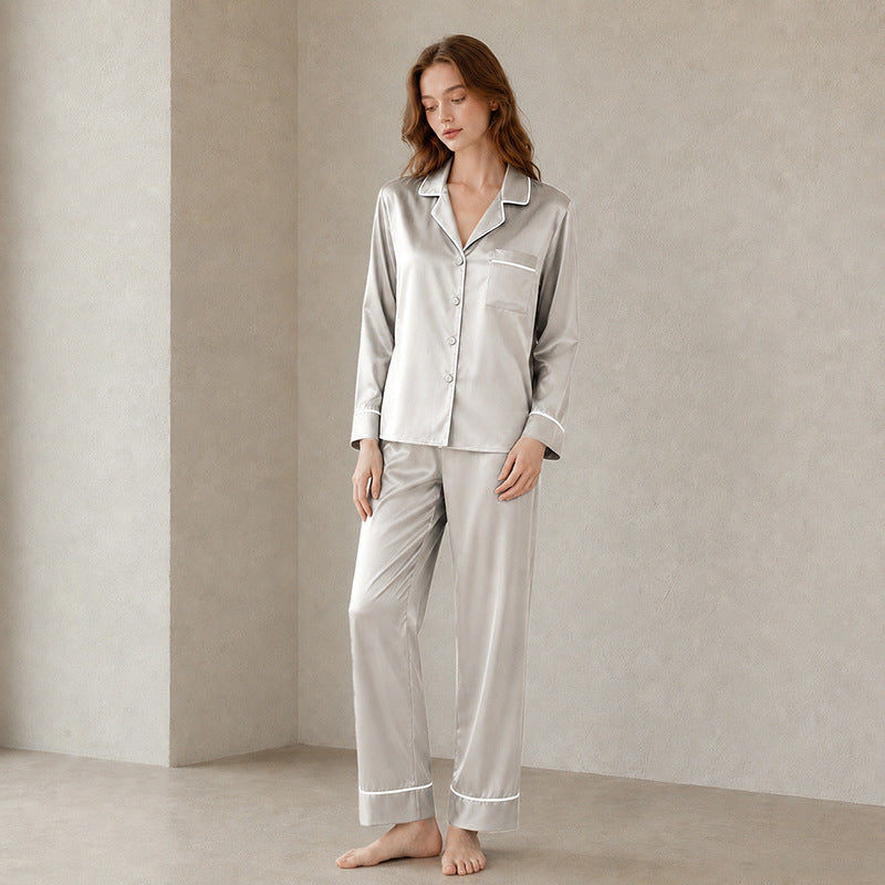 Chic gray silk pajama set full-length view