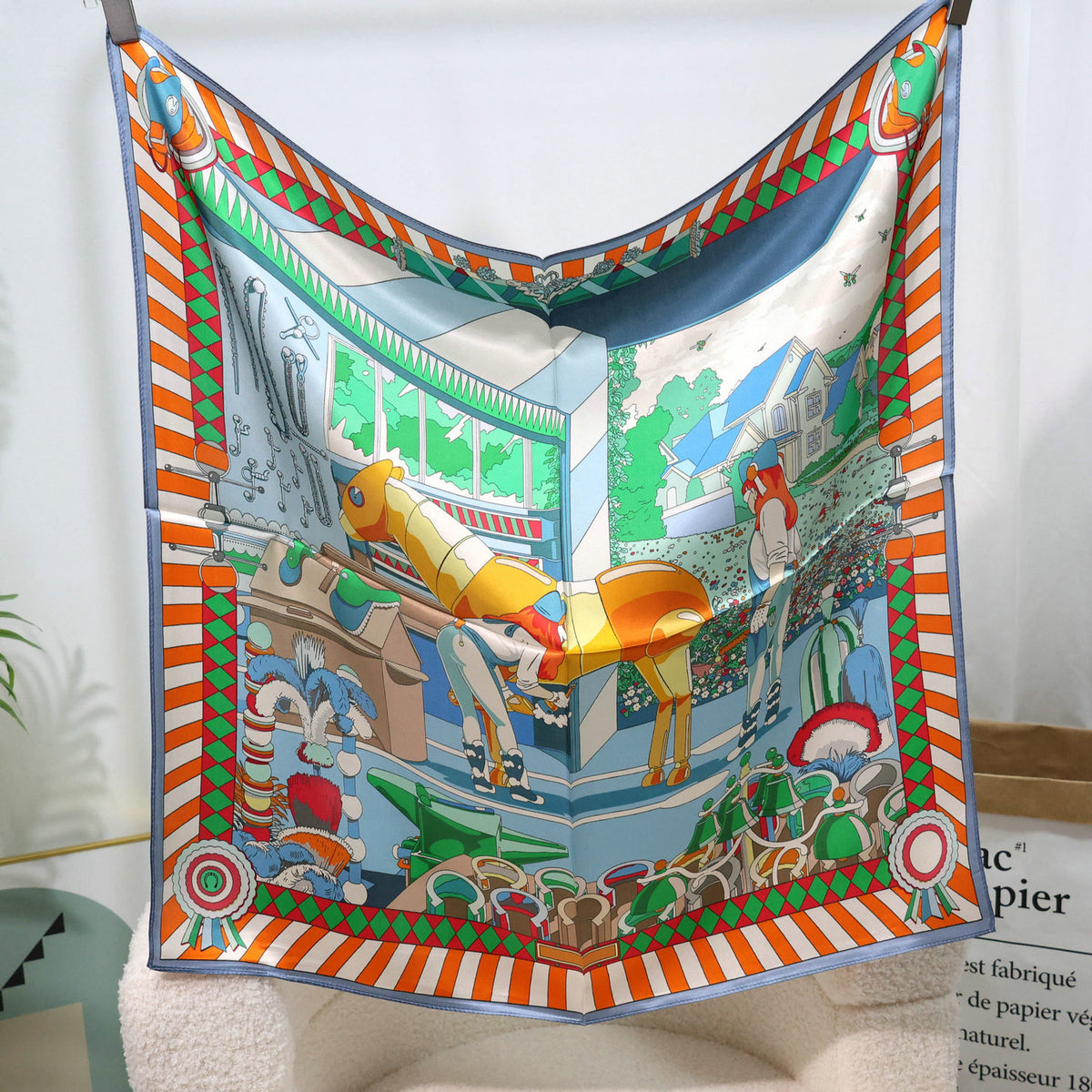Mulberry Silk Square Scarf – 100% Pure Silk Bandana with Vintage French Print, Spring Accessory for Women