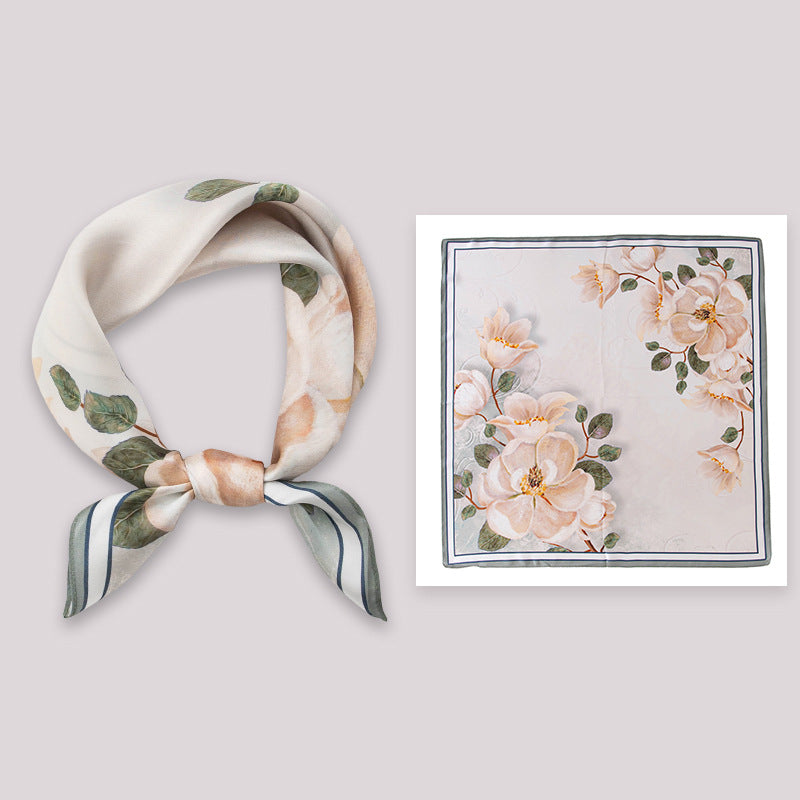 Mulberry Silk Square Scarf 53 cm Floral Print Bandana – Lightweight Neckerchief for Spring