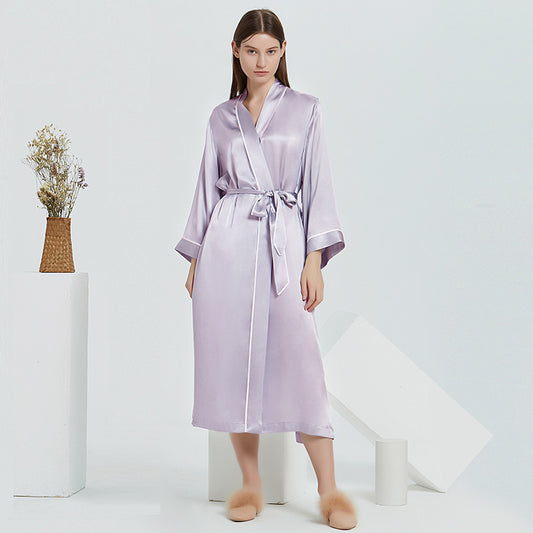 19 Momme Heavyweight 100% Mulberry Silk Long Robe – Long-Sleeve Open-Front Nightgown for Women
