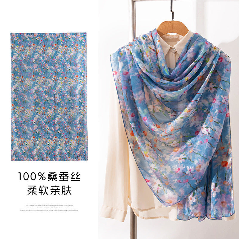 Mulberry Silk Long Scarf with Bohemian Floral Print – Lightweight Spring Shawl for Women