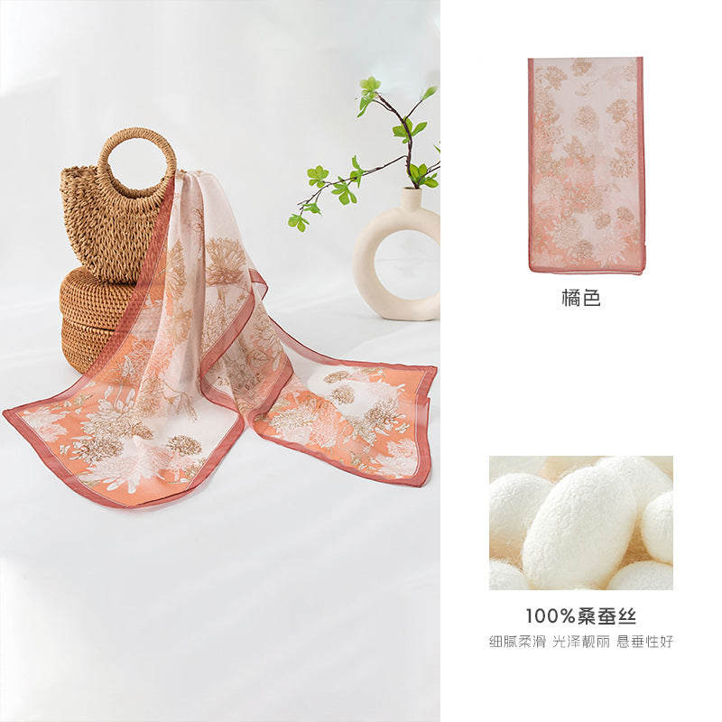 Mulberry Silk Long Scarf – 96%+ Pure Silk Polka Dot & Floral Print Lightweight Shawl for Spring and Summer
