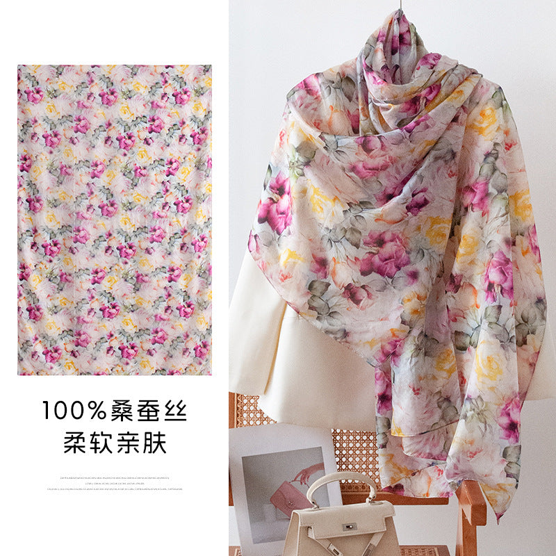 Mulberry Silk Long Scarf with Bohemian Floral Print – Lightweight Spring Shawl for Women