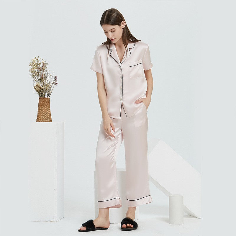 100% Mulberry Silk Pajama Set for Women – 19 Momme Short Sleeve Top with Shorts or Long Pants, Notched Collar Loungewear