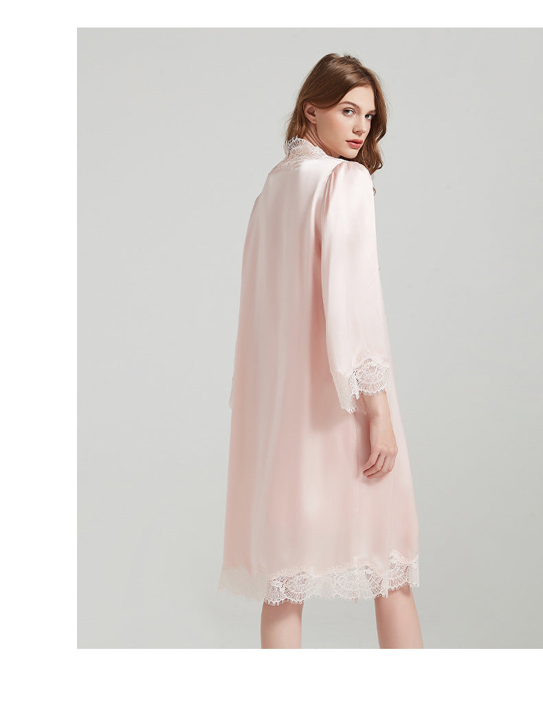 Lace Tie 100% Mulberry Silk Robe & Camisole Set – Romantic V-Neck Loungewear