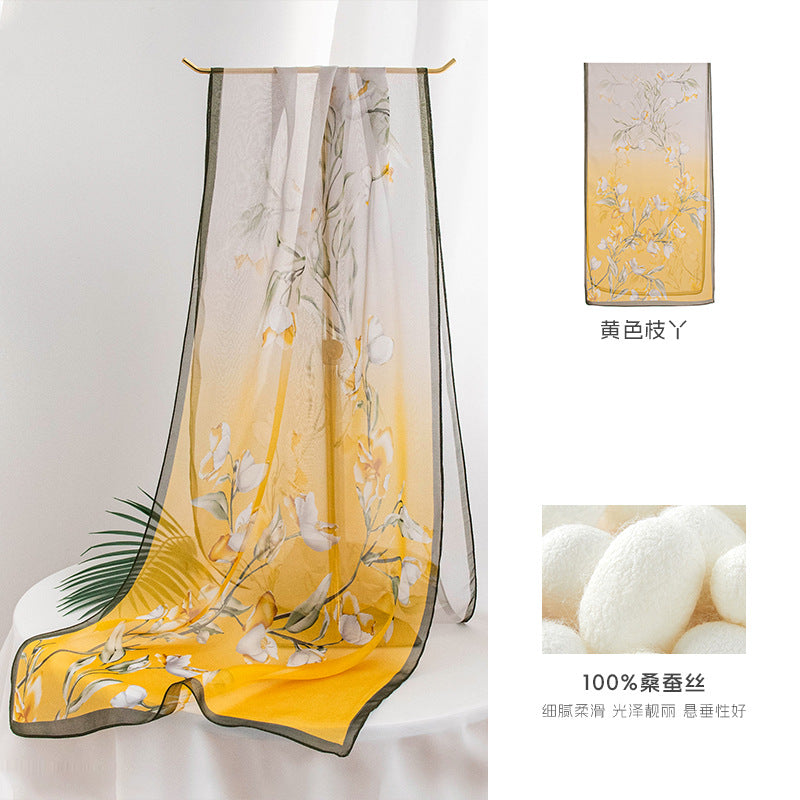 Floral Print Silk Scarf – Lightweight Mulberry Silk Wrap with Botanical Motifs for All Seasons