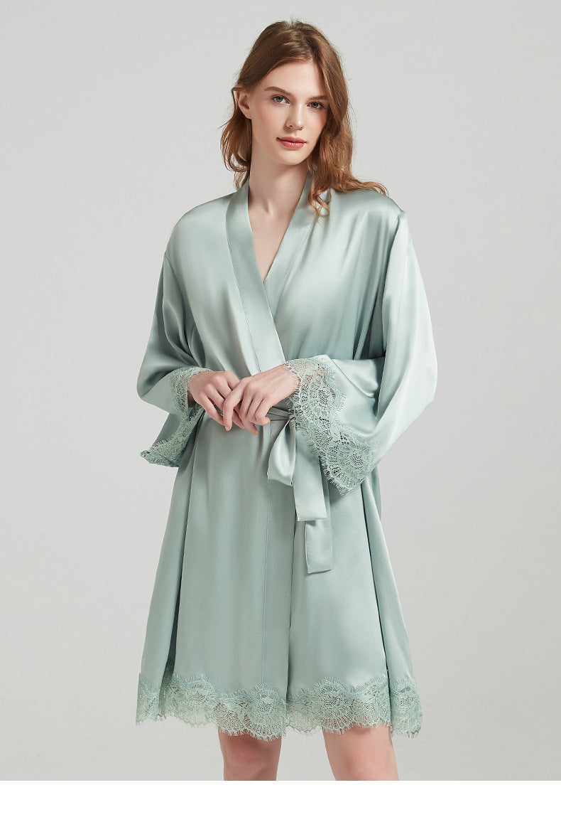 Women's 19 Momme 100% Mulberry Silk Lace-Trim Camisole & Robe Sleepwear Set