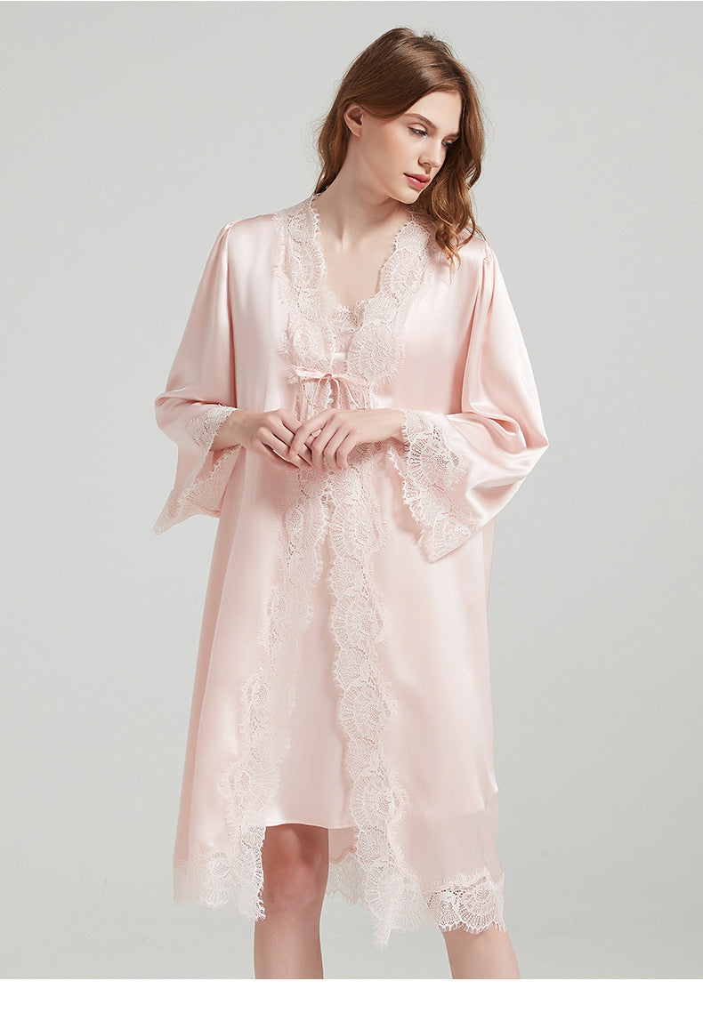 Lace Tie 100% Mulberry Silk Robe & Camisole Set – Romantic V-Neck Loungewear