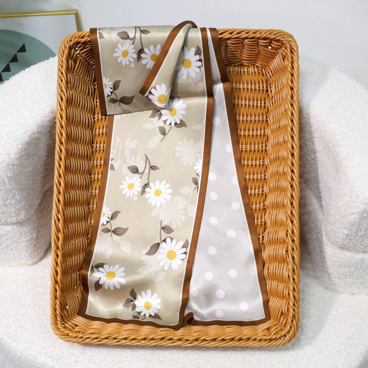 Printed Mulberry Silk Slim Scarf – 16 x 150 cm Long Neck Scarf with Trailing Ribbon for Spring