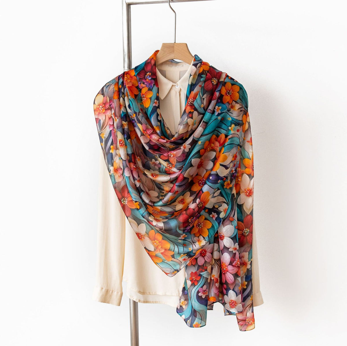 Mulberry Silk Long Scarf with Printed Patterns – Lightweight, Breathable Vintage Shawl for Spring, 69 x 43 in