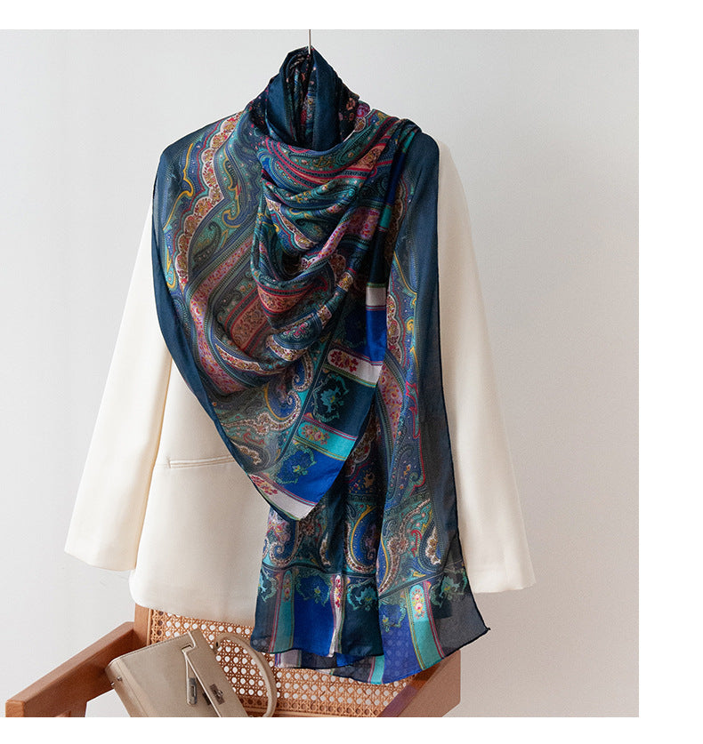 Mulberry Silk Long Scarf with Bohemian Floral Print – Lightweight Spring Shawl for Women