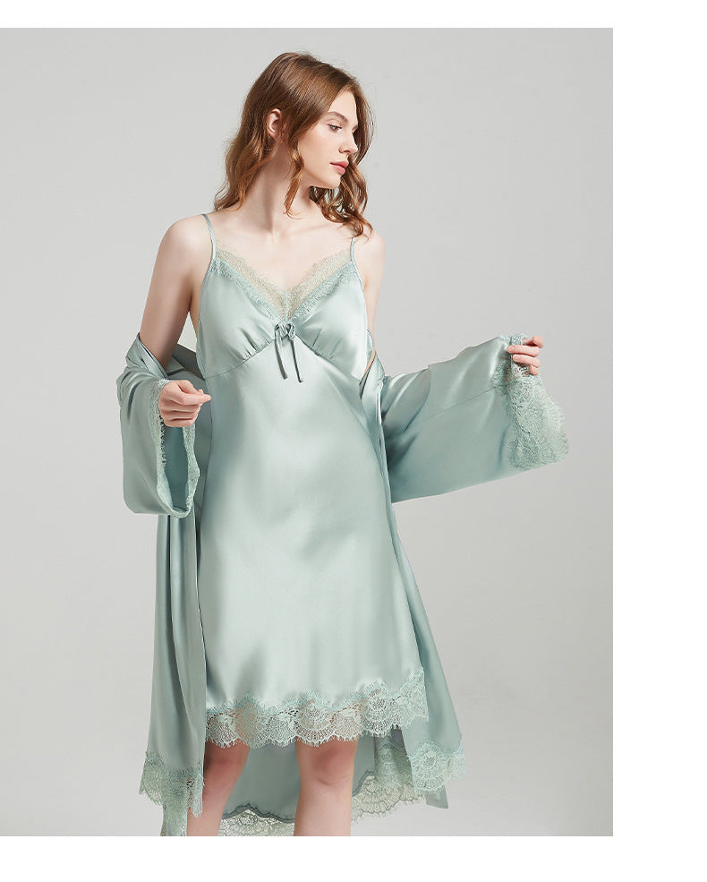Women's 19 Momme 100% Mulberry Silk Lace-Trim Camisole & Robe Sleepwear Set