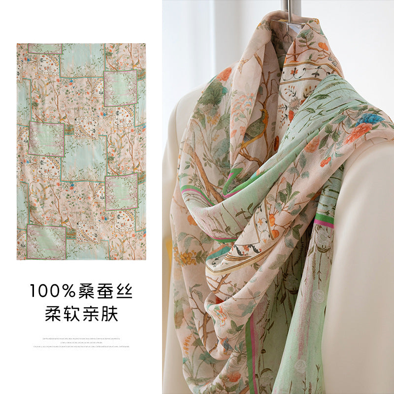 Mulberry Silk Long Scarf with Bohemian Floral Print – Lightweight Spring Shawl for Women
