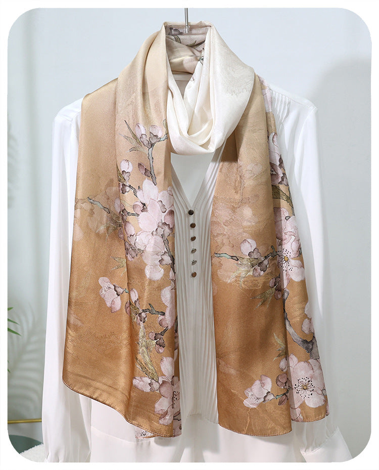 100% Mulberry Silk Floral Jacquard Long Scarf with Chinese-Inspired Botanical Prints, 53 x 170 cm (21 x 67 in) Lightweight Spring Shawl