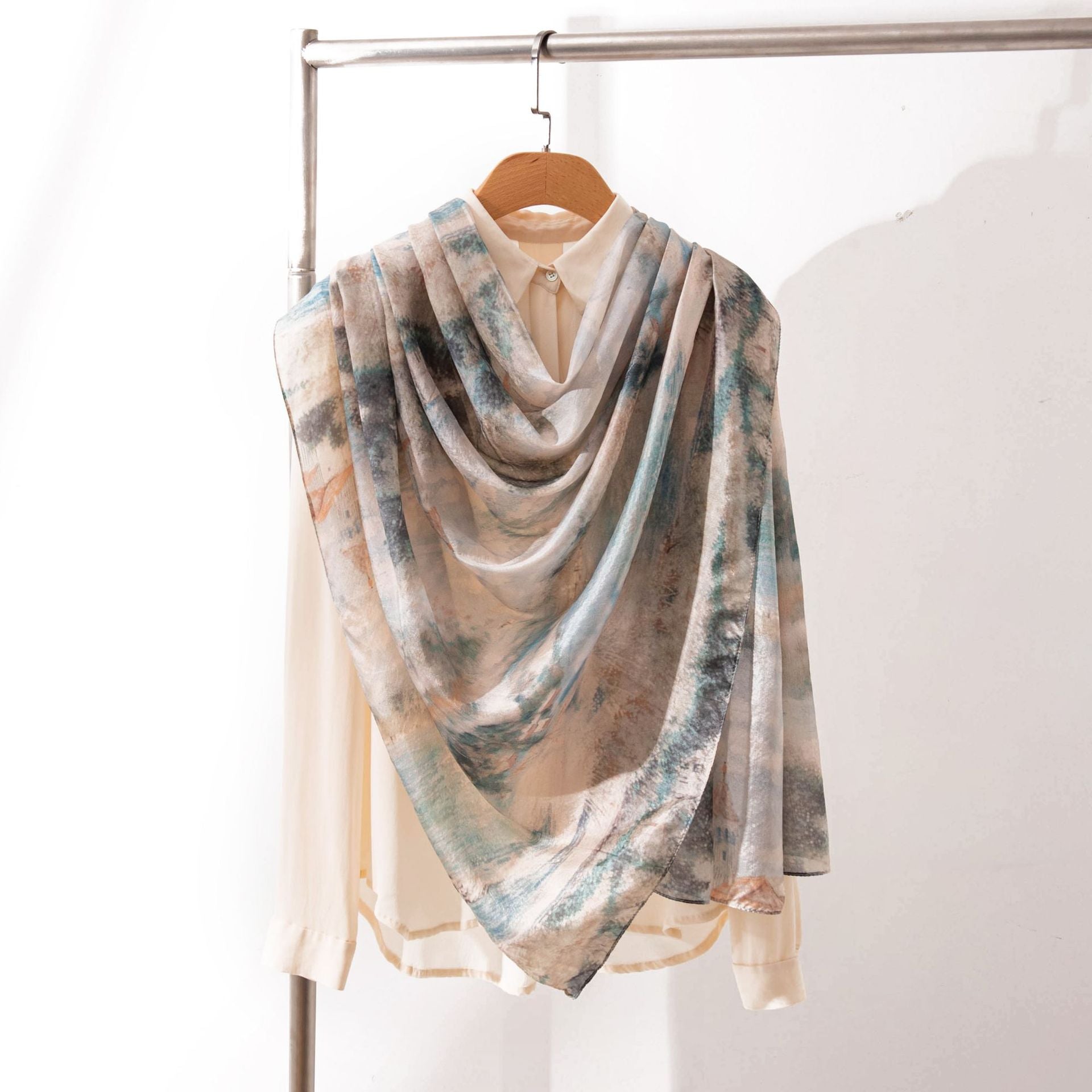 Mulberry Silk Long Scarf with Printed Patterns – Lightweight, Breathable Vintage Shawl for Spring, 69 x 43 in