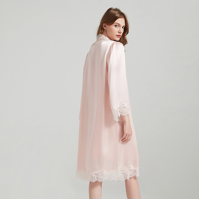 Lace Tie 100% Mulberry Silk Robe & Camisole Set – Romantic V-Neck Loungewear