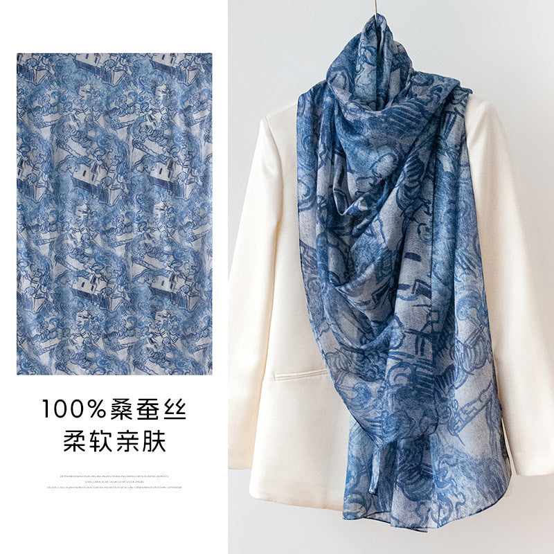 Mulberry Silk Long Scarf with Bohemian Floral Print – Lightweight Spring Shawl for Women