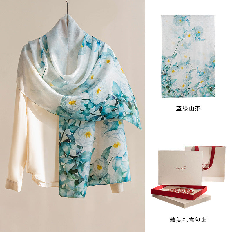 Floral Print Mulberry Silk Square Scarf – 96% Pure Silk Versatile Wrap for Spring