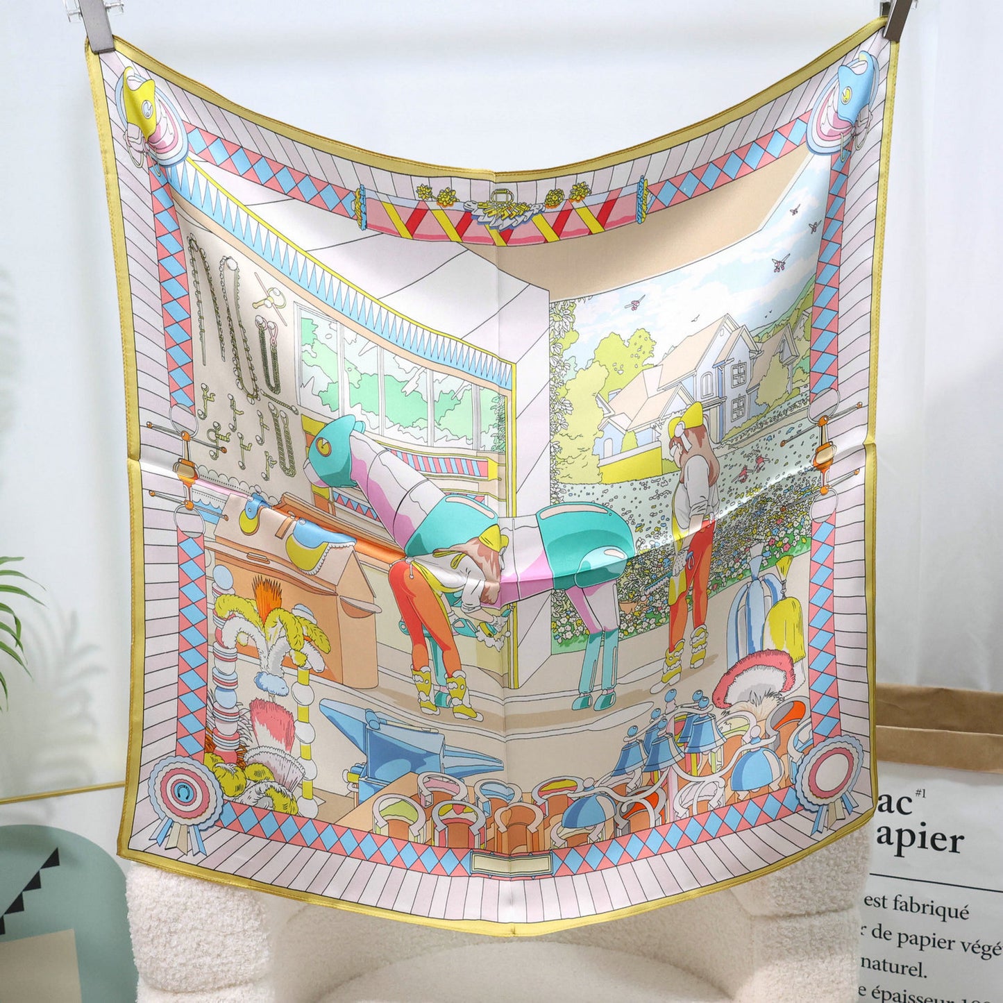 Mulberry Silk Square Scarf – 100% Pure Silk Bandana with Vintage French Print, Spring Accessory for Women
