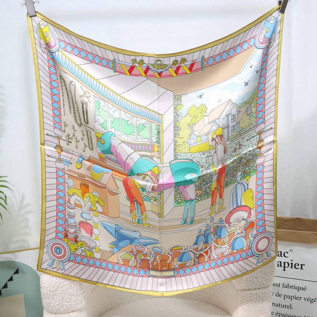 Mulberry Silk Square Scarf – 100% Pure Silk Bandana with Vintage French Print, Spring Accessory for Women